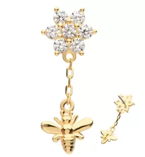 14kt Gold Flower CZ Dangle Bee Threadless Top