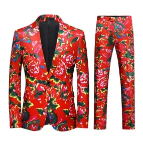 2-Piece Men's Red Bottom Big Flower Printed Suit