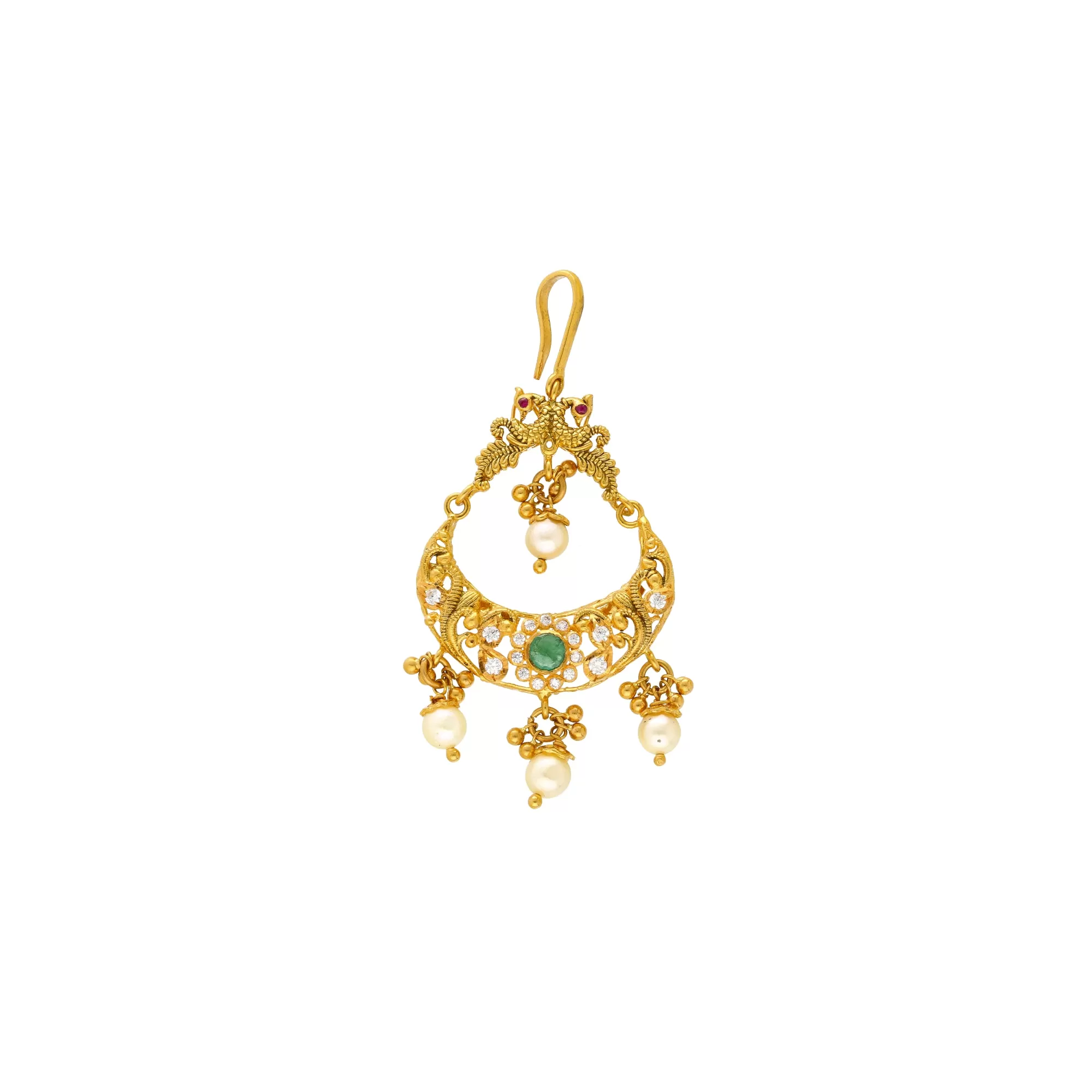 22K Yellow Gold, CZ, Emerald & Pearl Tikka (10.5gm)