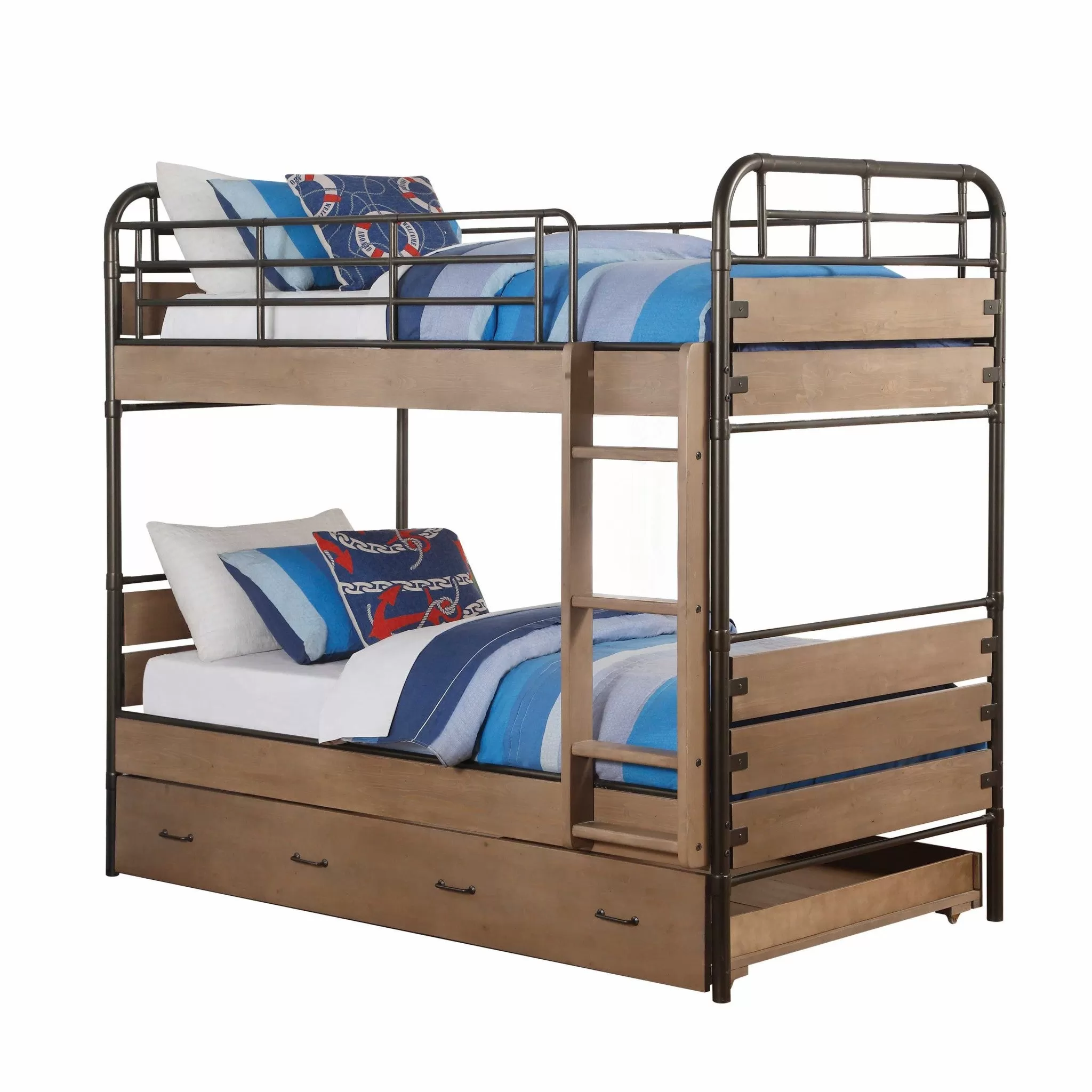 79 X 42 X 71 Antique Oak And Gunmetal Twin Over Twin Bunk Bed