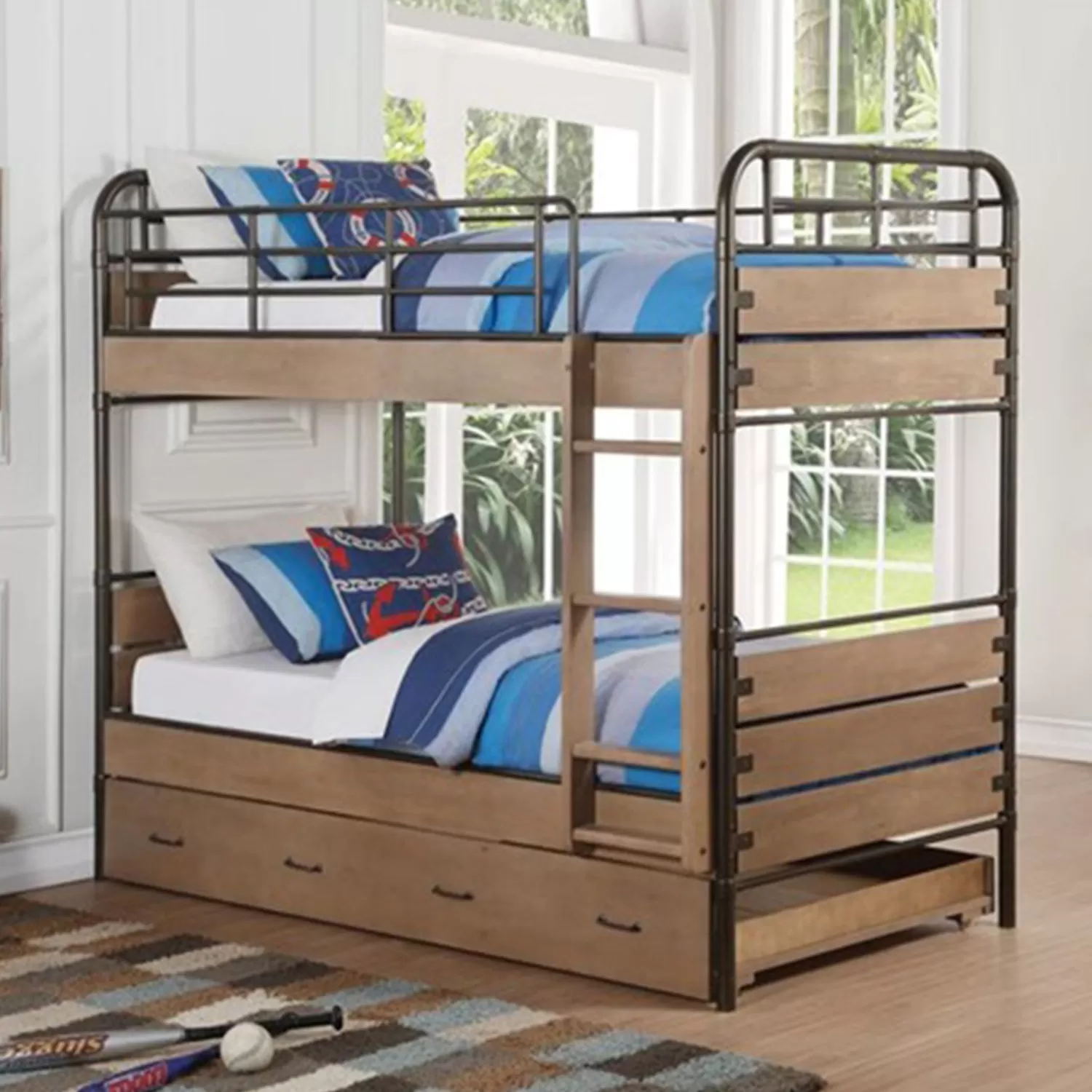 79 X 42 X 71 Antique Oak And Gunmetal Twin Over Twin Bunk Bed