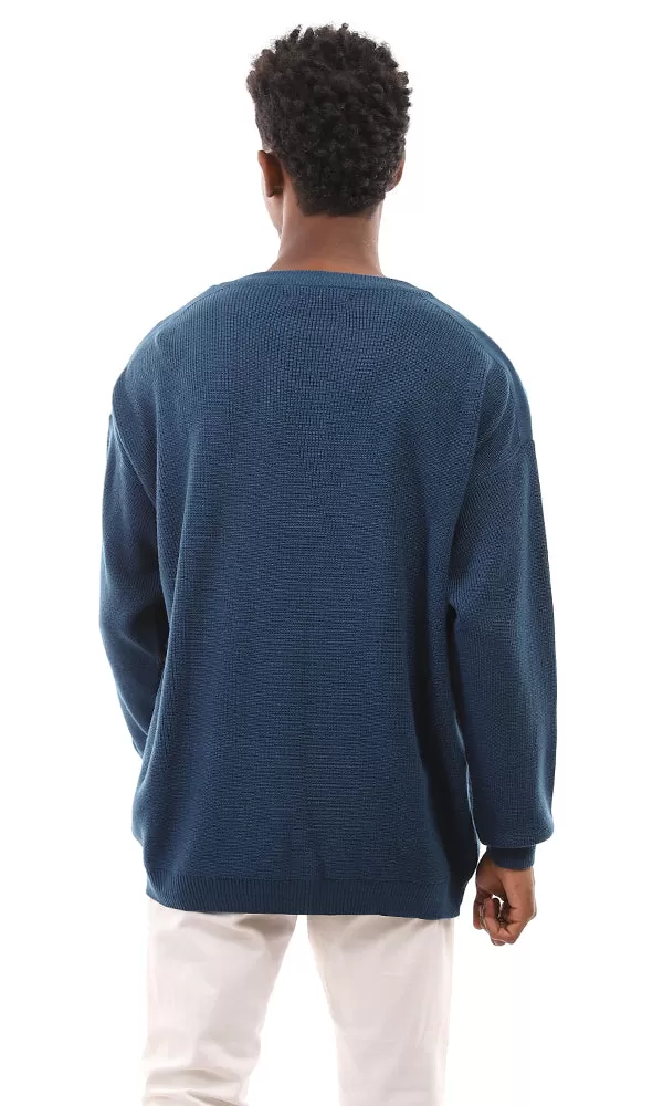 96268 Petroleum Crew Neck Knitted Pullover With Hem