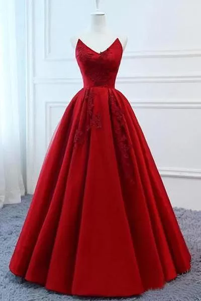 A Line Red Strapless Sweetheart Prom Dresses Satin Long Cheap Quinceanera Dresses