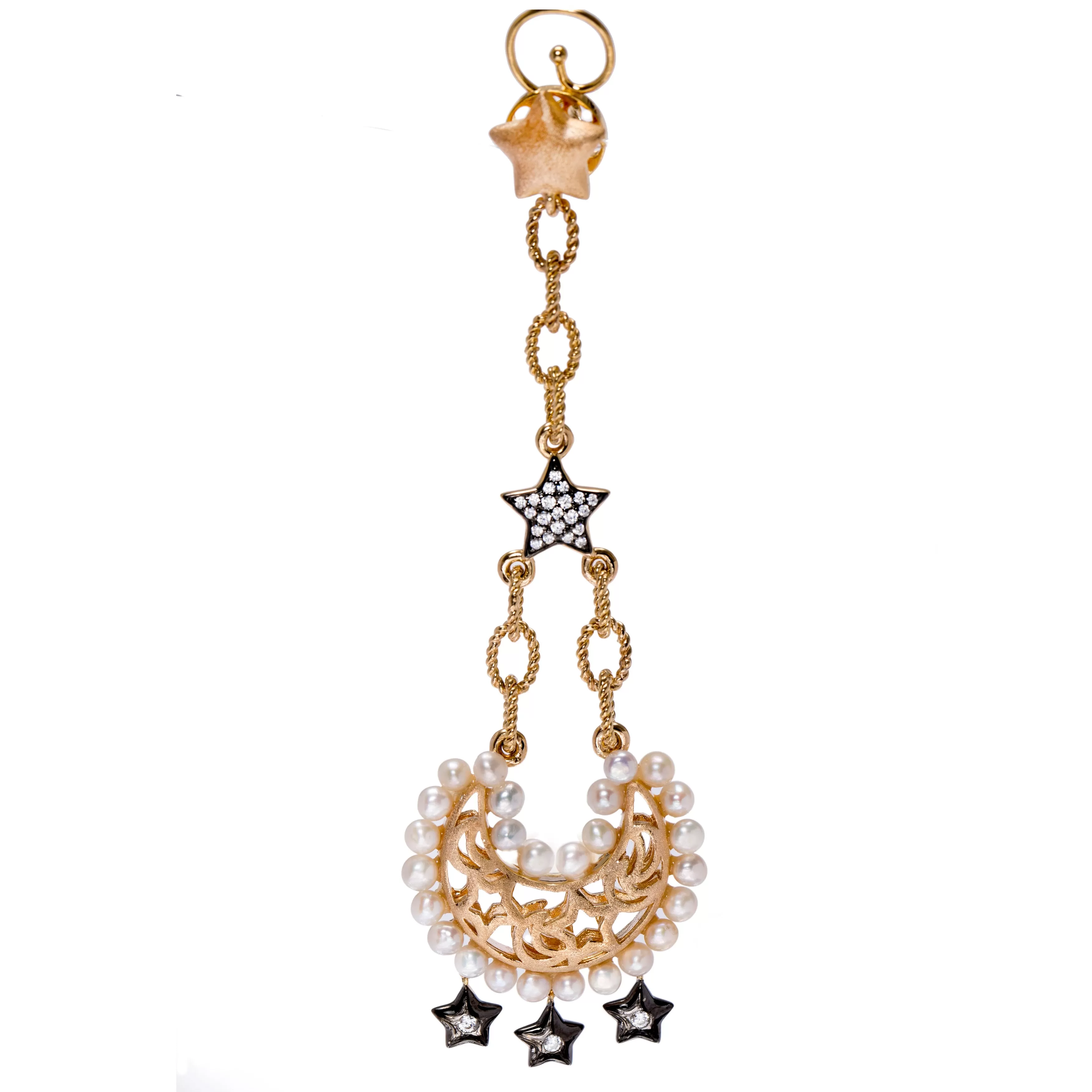 AMMANII Statement Drop Earrings with Pavé Star, Moon and  Freshwater Pearls in Vermeil Gold