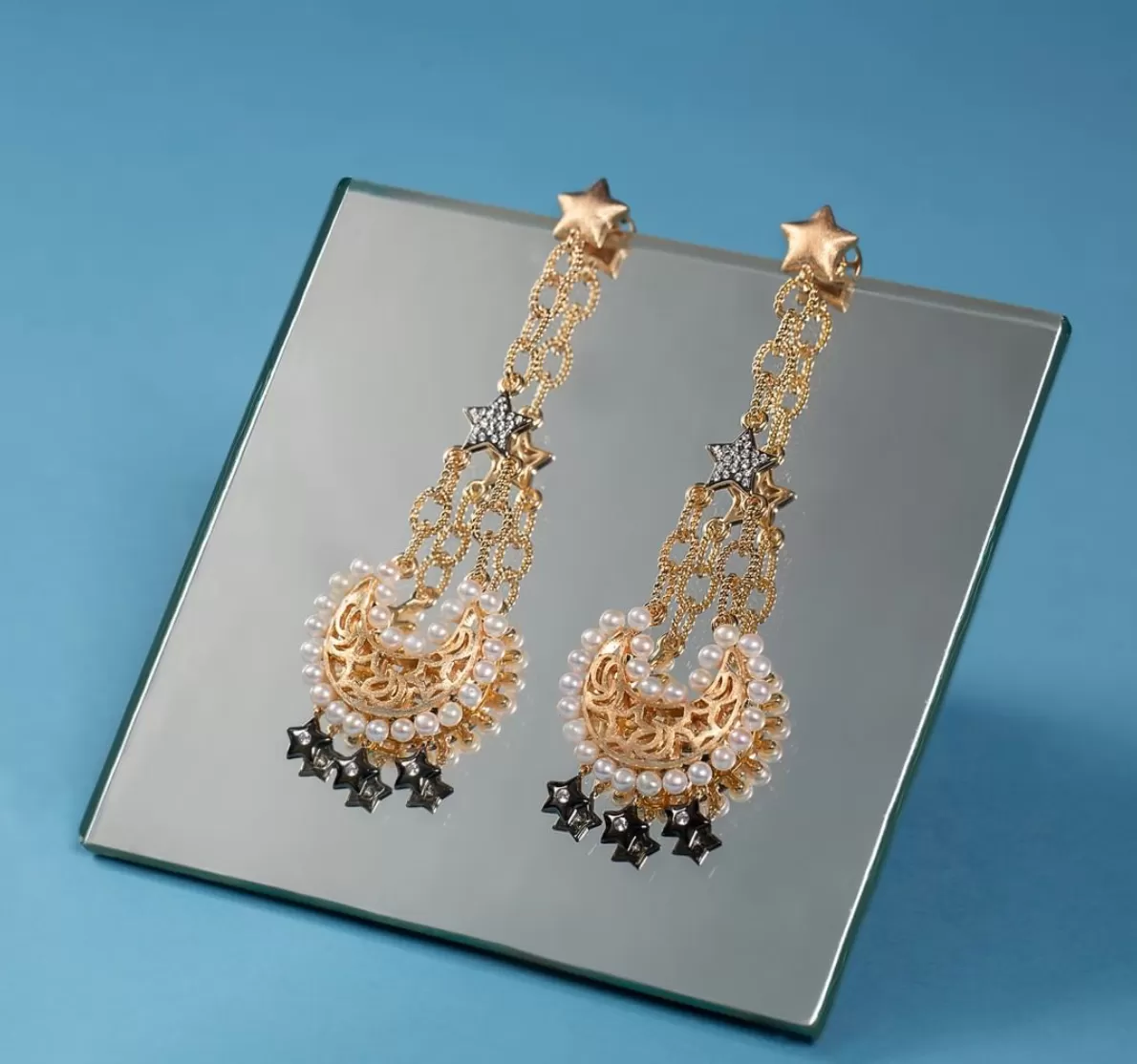 AMMANII Statement Drop Earrings with Pavé Star, Moon and  Freshwater Pearls in Vermeil Gold