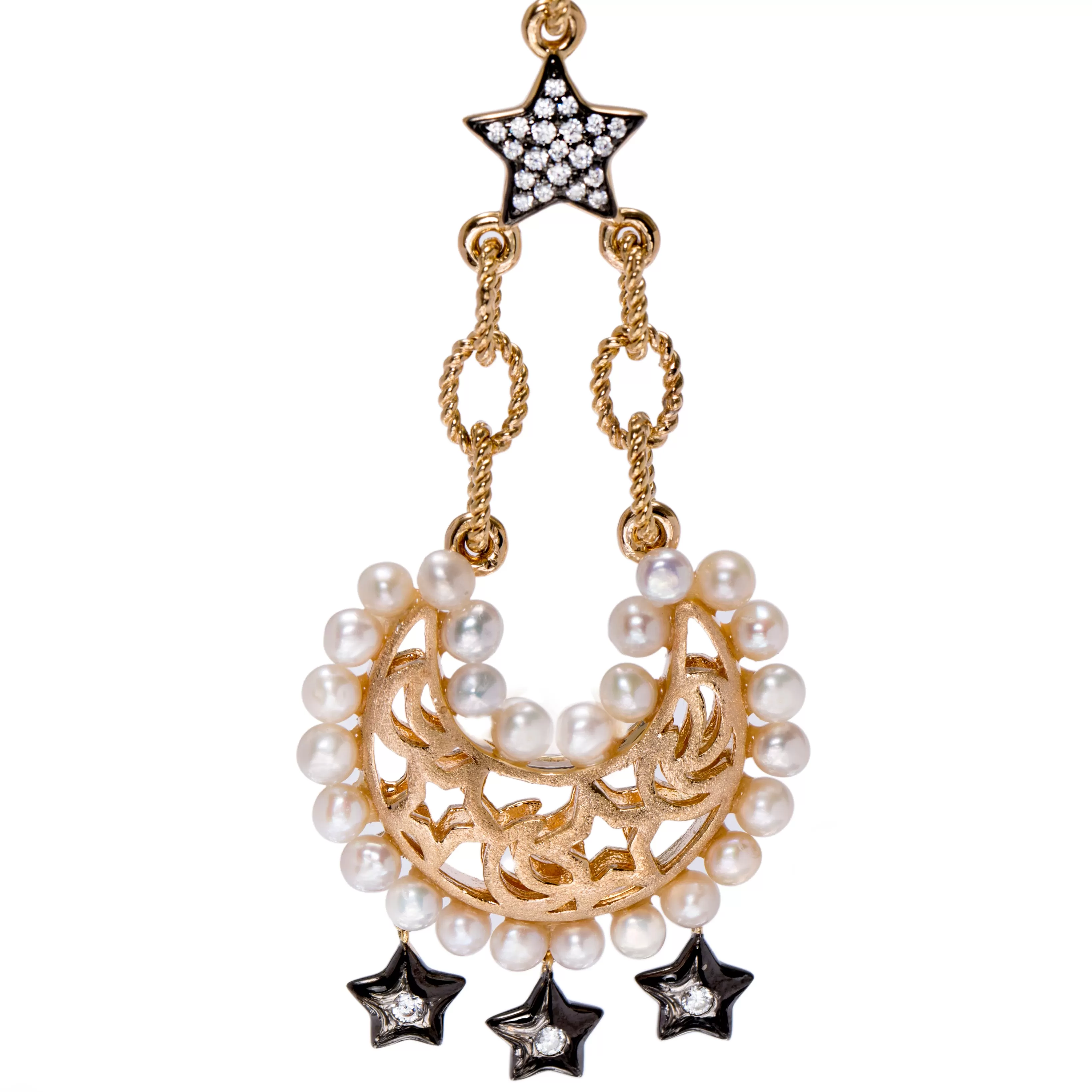 AMMANII Statement Drop Earrings with Pavé Star, Moon and  Freshwater Pearls in Vermeil Gold