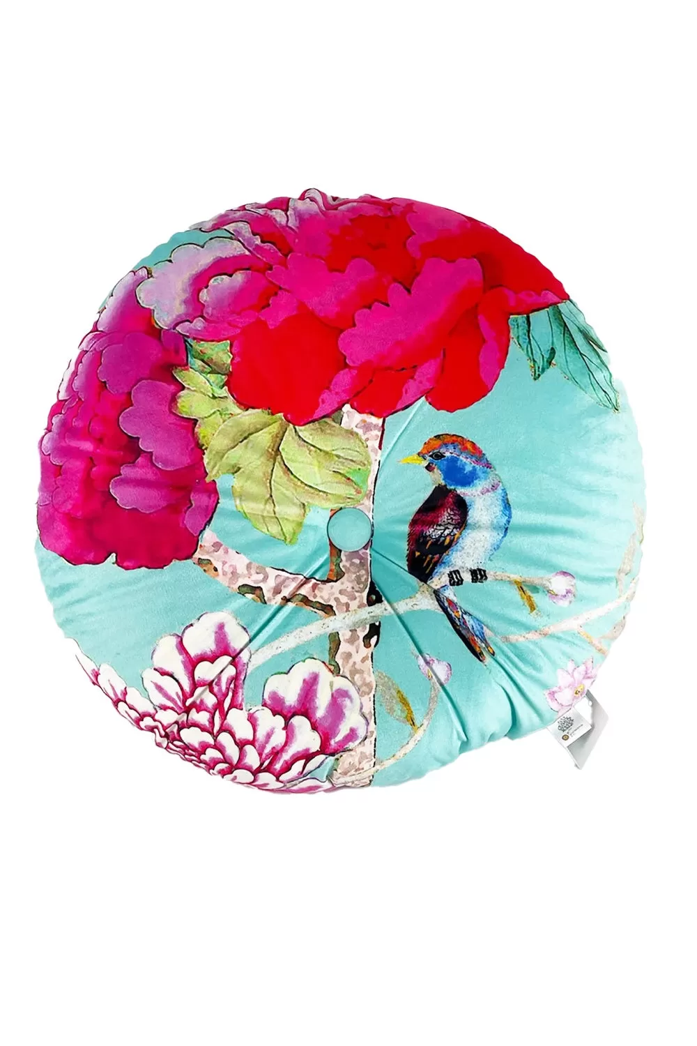 ANNA CHANDLER VELVET ROUND CUSHION TURQUOISE BIRDS