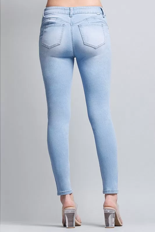 Basic Mid-Rise Ankle Cropped Denim Skinny Jeans - Light Blue