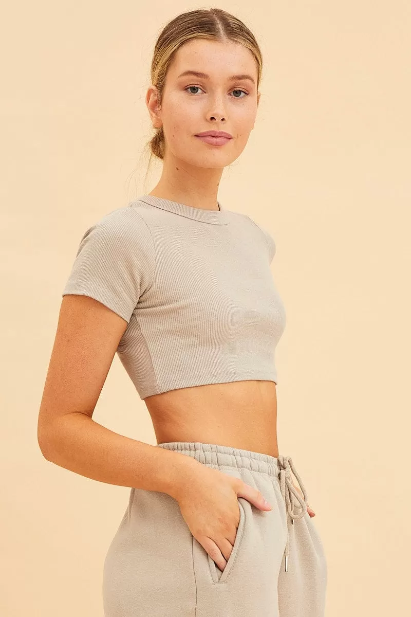 Beige Baby Tee Crop Crew Neck Short Sleeve Rib