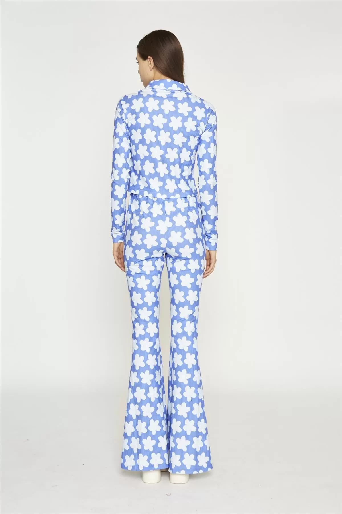 Blue-Large Flower Flared-Trousers