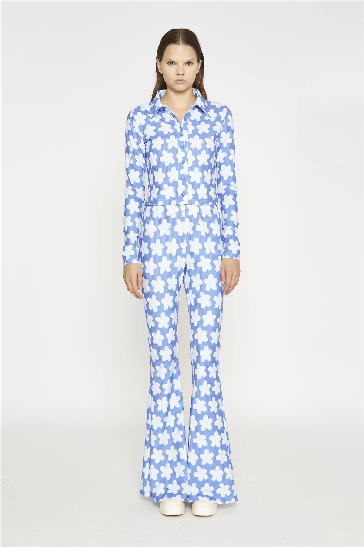 Blue-Large Flower Flared-Trousers