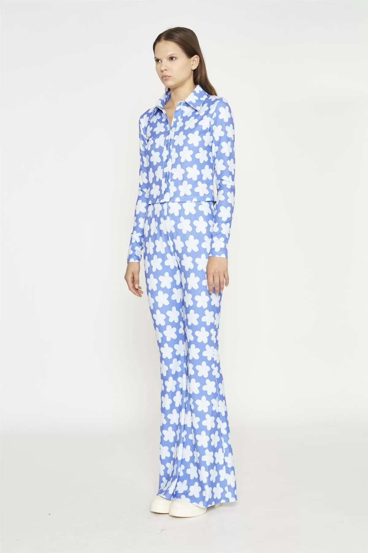 Blue-Large Flower Flared-Trousers