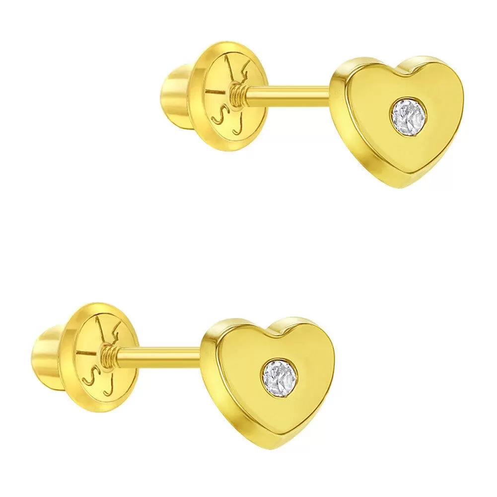 Classic CZ Heart Sterling Silver Baby Children Screw Back Earrings