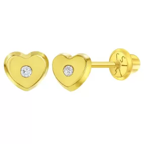 Classic CZ Heart Sterling Silver Baby Children Screw Back Earrings