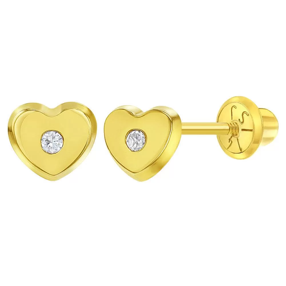 Classic CZ Heart Sterling Silver Baby Children Screw Back Earrings