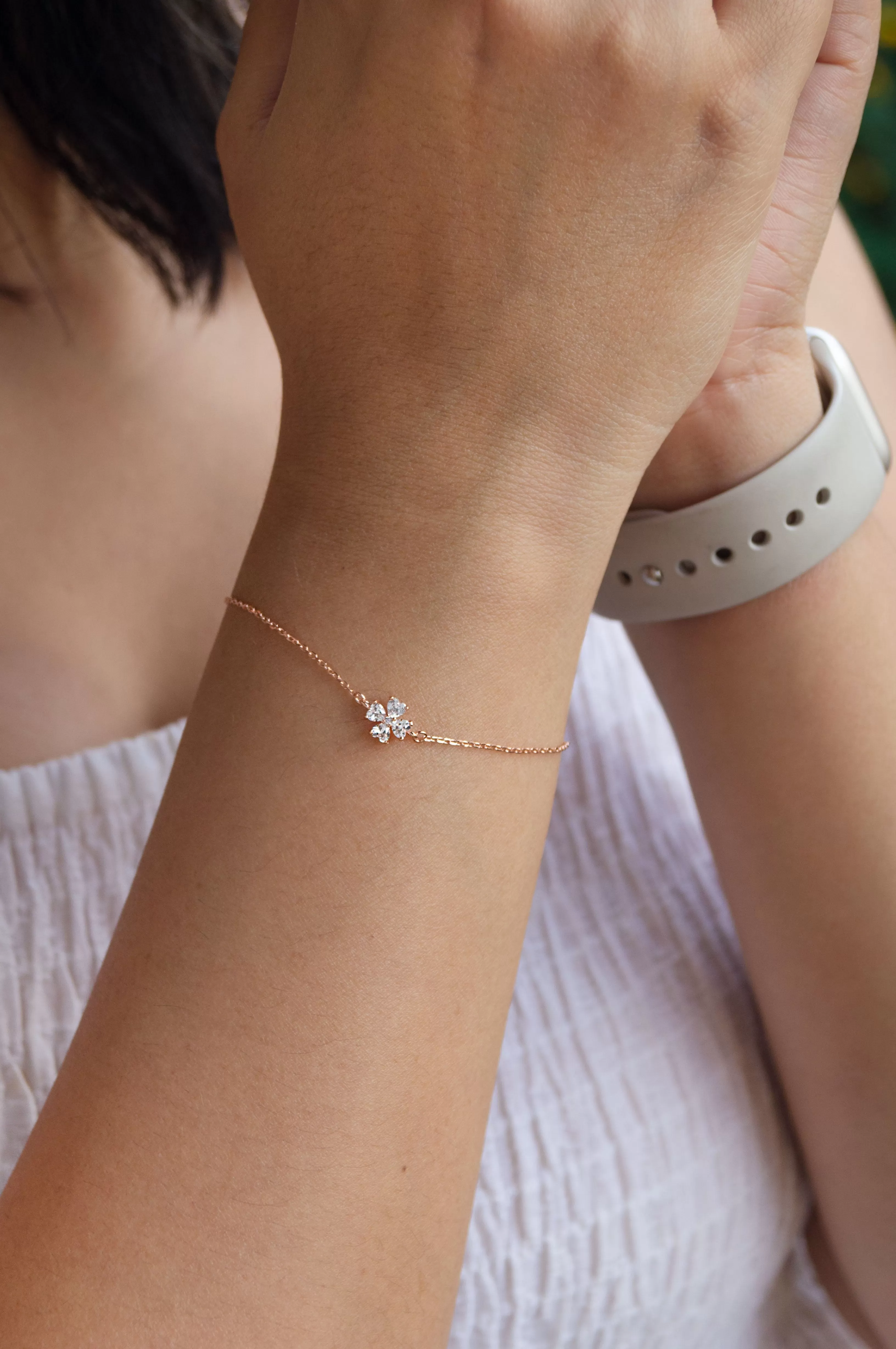 Clover Flower Rose Gold Plated Sterling Silver Chain Bracelet