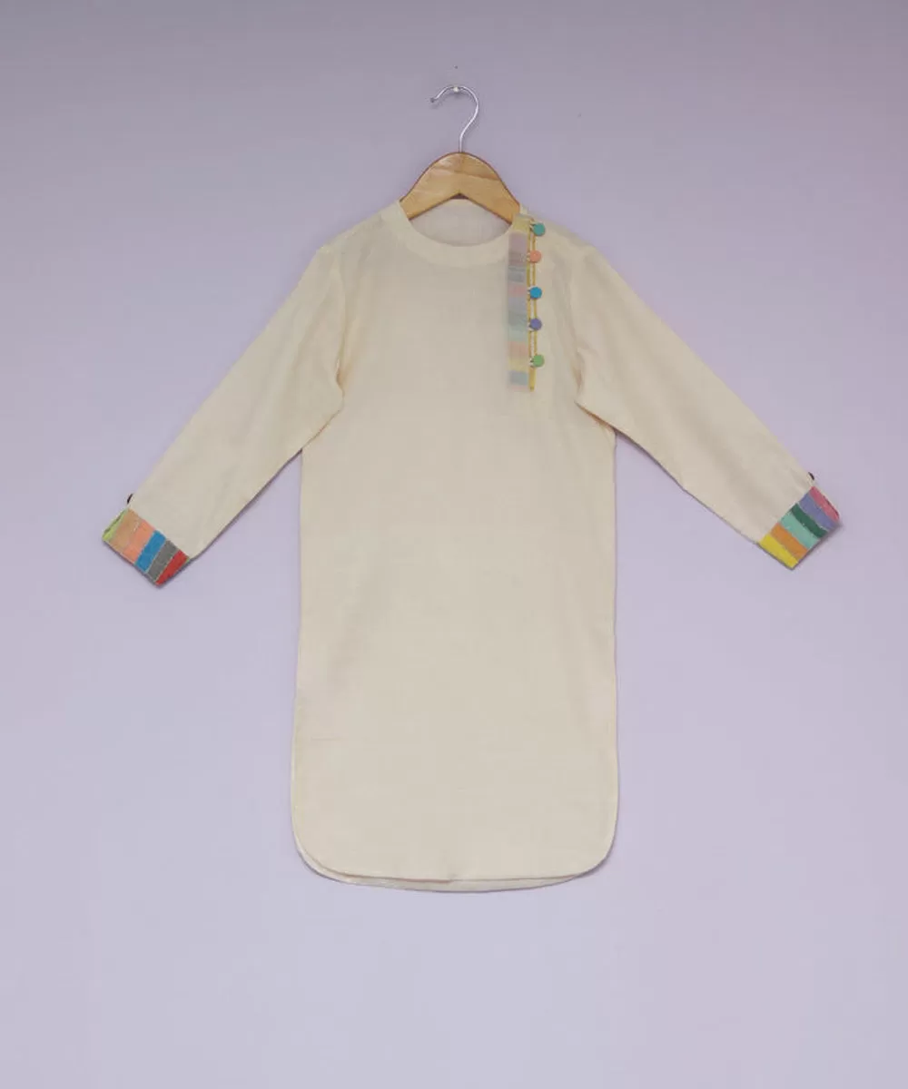 Cream handwoven cotton multicolor border kurta