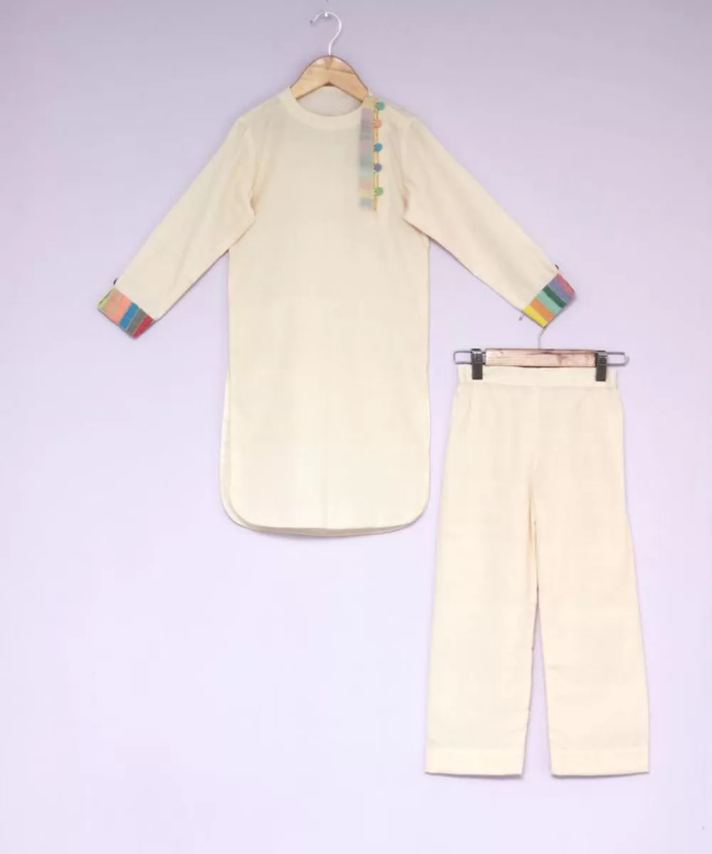 Cream handwoven cotton multicolor border kurta