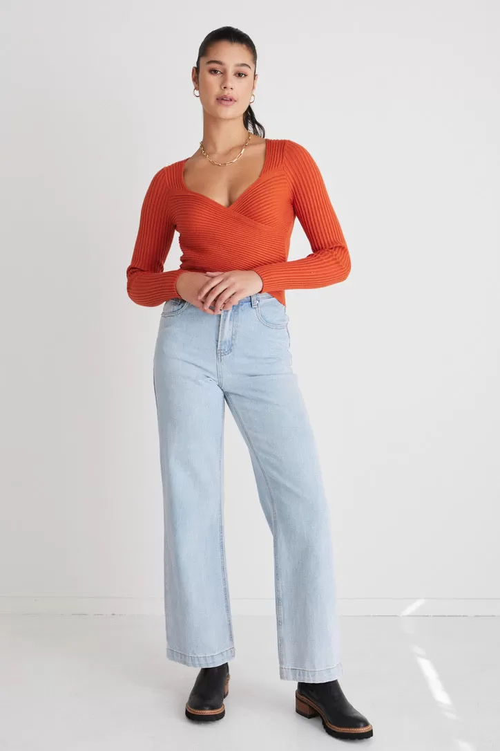 Criss-Cross Orange Wrap Rib Knit Top