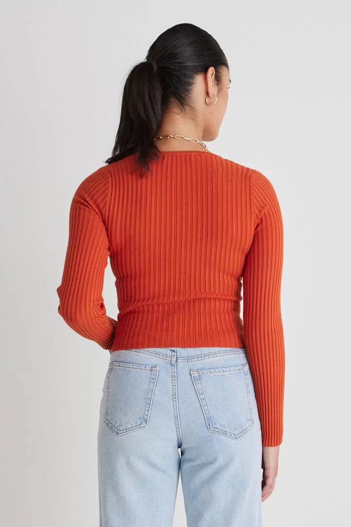 Criss-Cross Orange Wrap Rib Knit Top