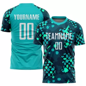 Custom Aqua White-Navy Sublimation Soccer Uniform Jersey