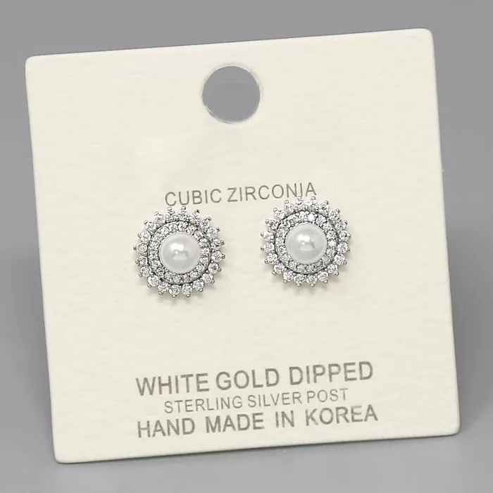 CZ Pave Flower With Pearl Gold Dipped Stud Earrings