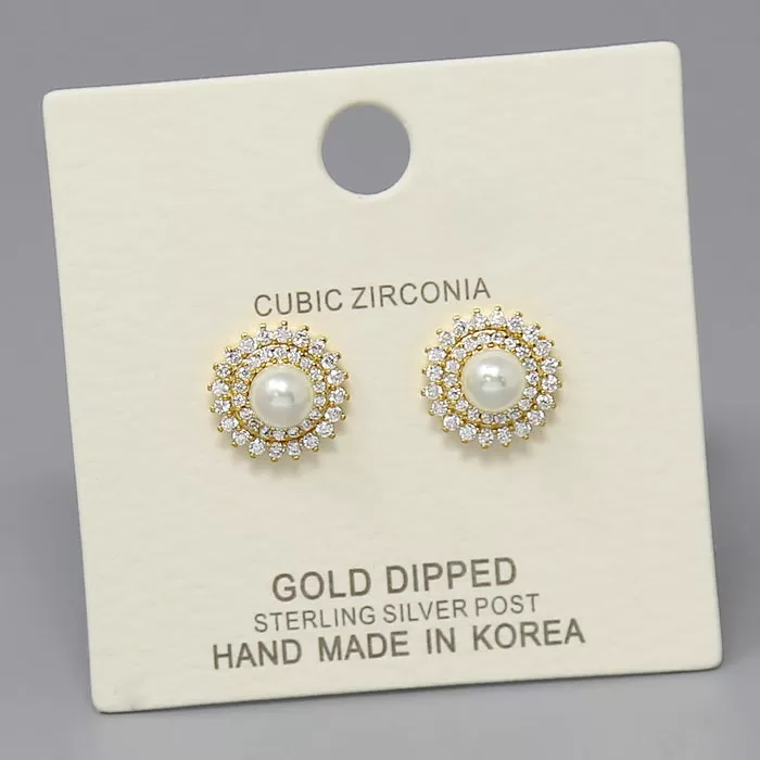 CZ Pave Flower With Pearl Gold Dipped Stud Earrings