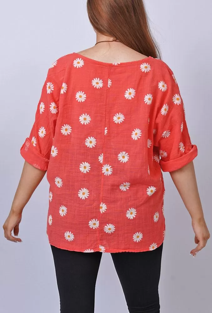 Daisy Flower Print Necklace Cotton Top