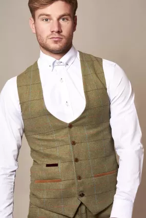 ELLIS - Moss Green Check Tweed Waistcoat