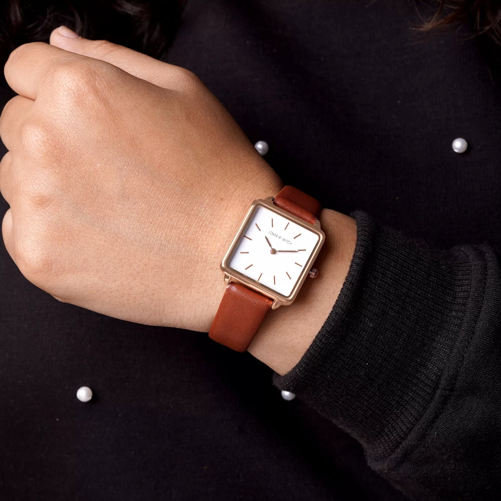 Emily Square White Dial Rosegold & Brown Strap Watch