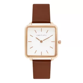 Emily Square White Dial Rosegold & Brown Strap Watch