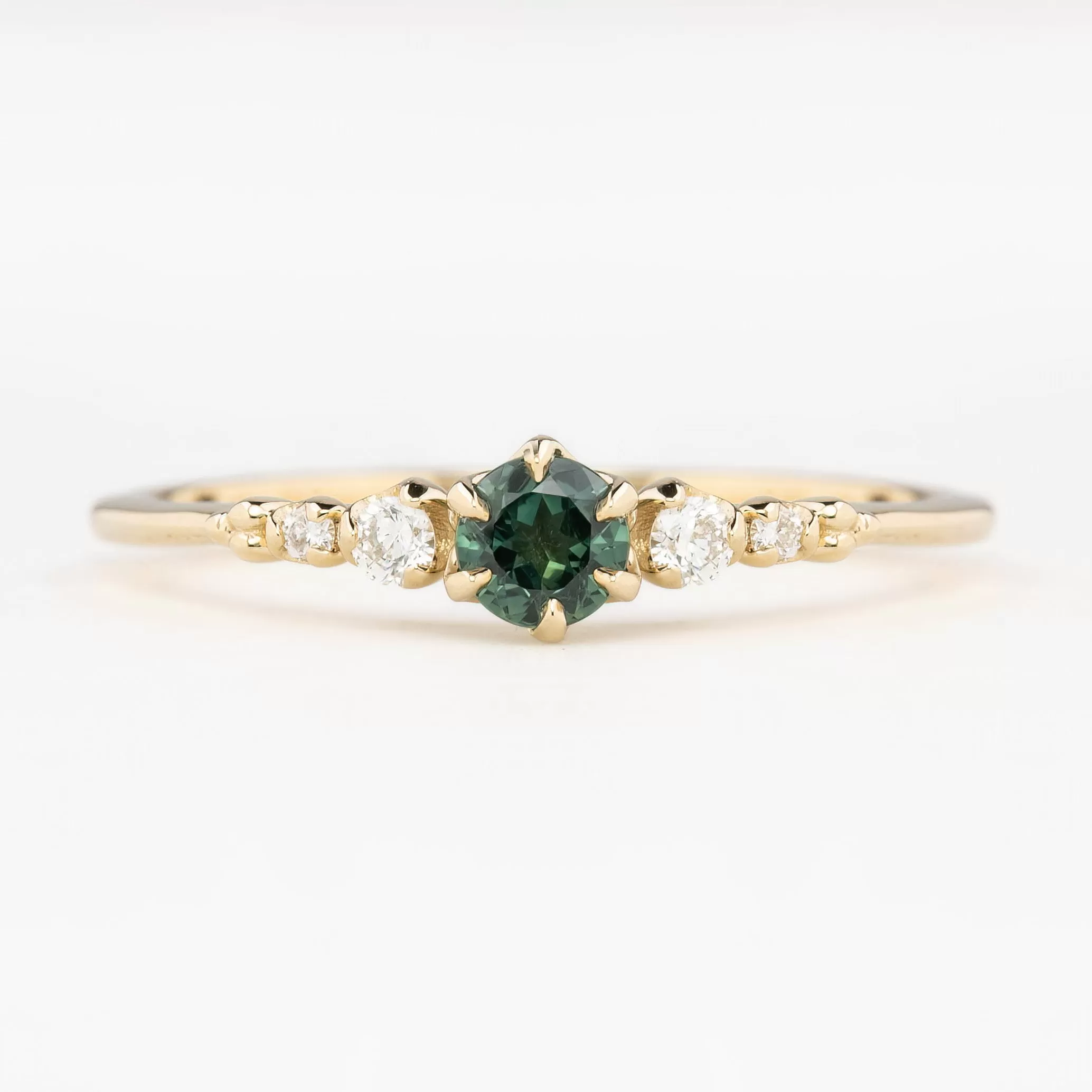 Estel Fleur Ring 4mm 0.30ct Blue Green Round Queensland Sapphire, 14K Yellow Gold