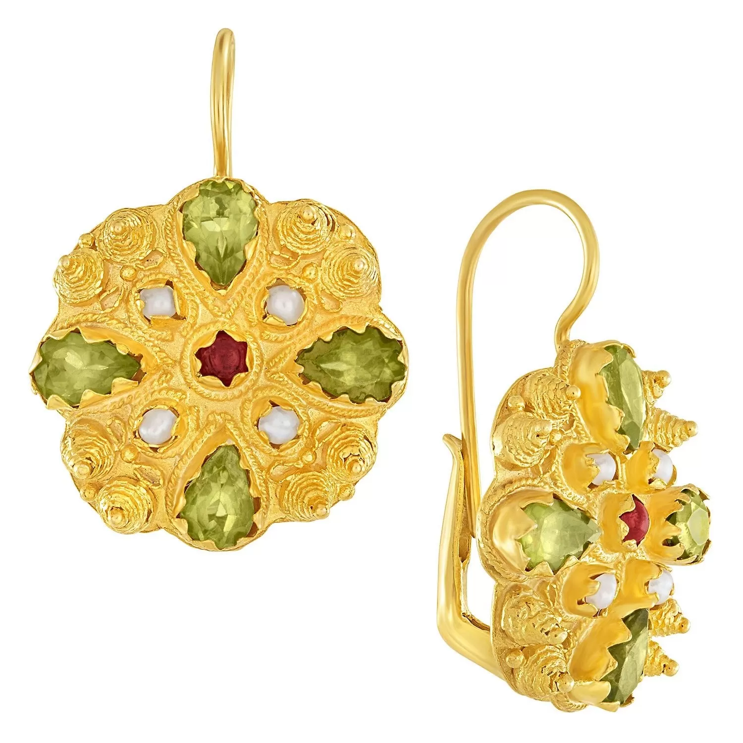 Fanny Burney Peridot, Garnet and Pearls Earrings