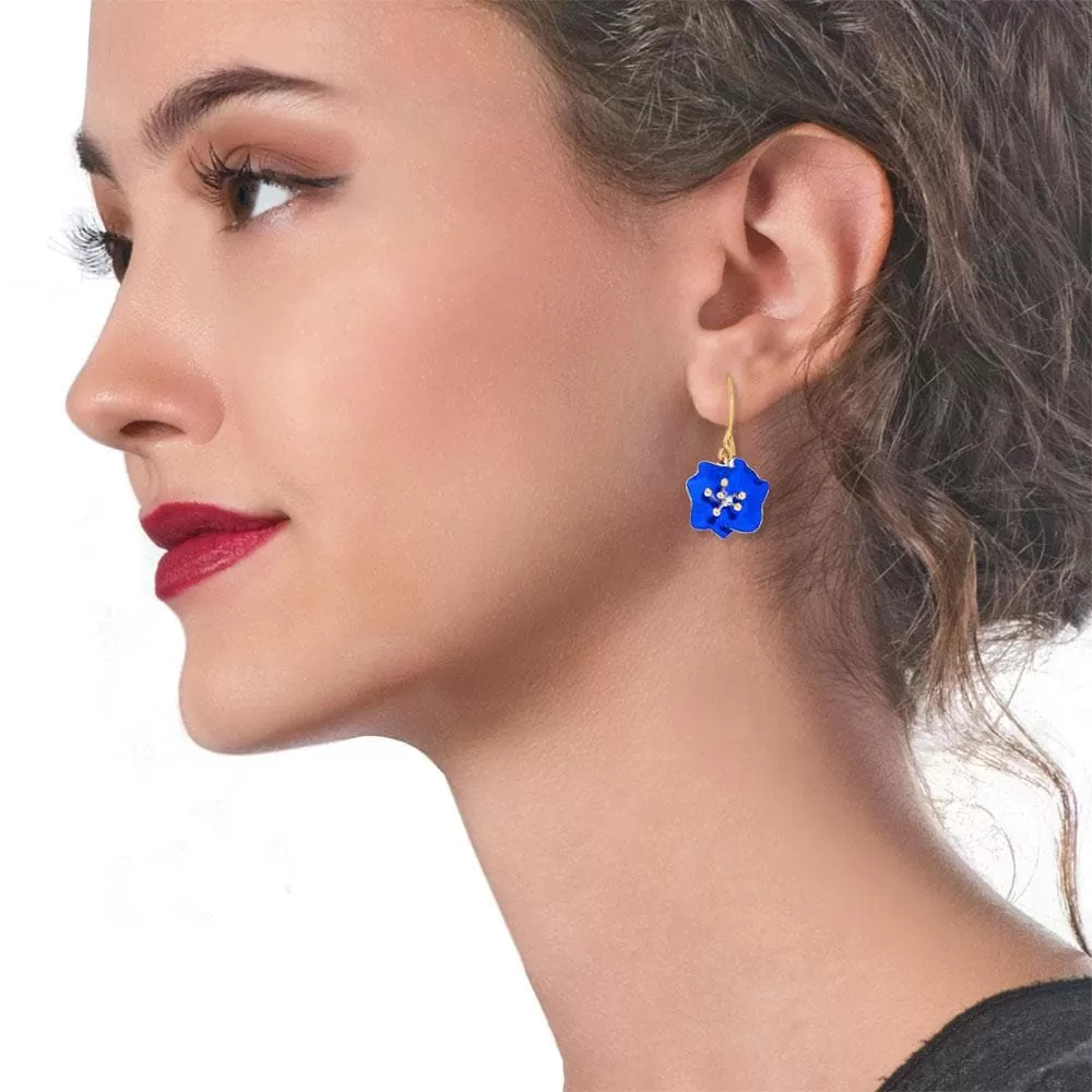 Handmade Gold Plated Silver Royal Blue Begonia Flower Dangle Earrings