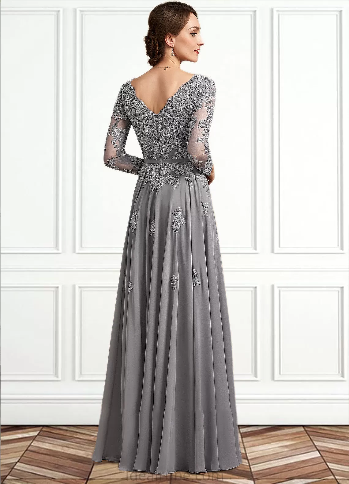 Josephine A-Line V-neck Floor-Length Chiffon Lace Mother of the Bride Dress STK126P0014881