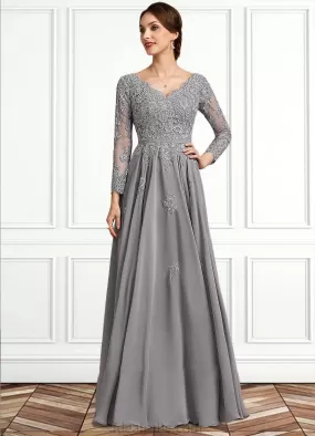 Josephine A-Line V-neck Floor-Length Chiffon Lace Mother of the Bride Dress STK126P0014881