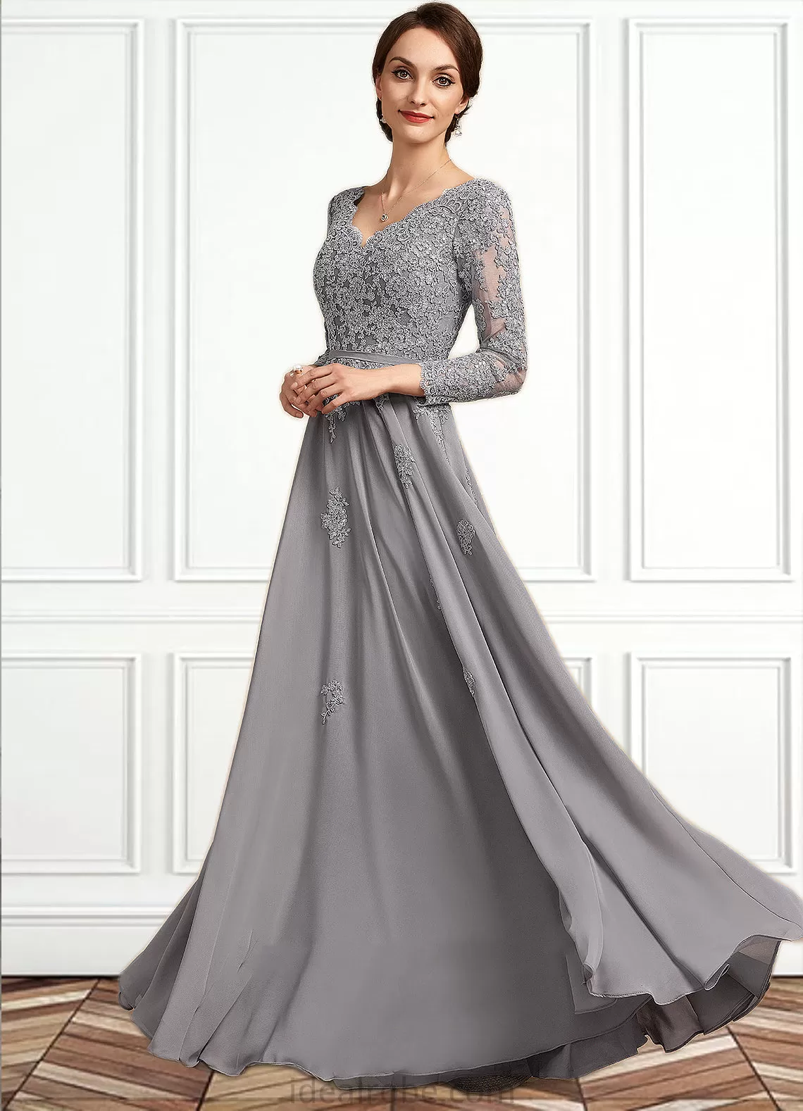 Josephine A-Line V-neck Floor-Length Chiffon Lace Mother of the Bride Dress STK126P0014881