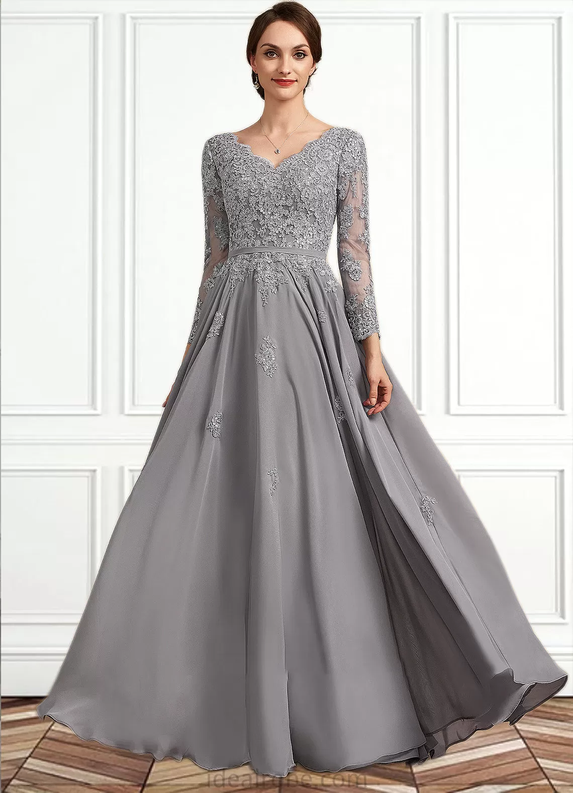 Josephine A-Line V-neck Floor-Length Chiffon Lace Mother of the Bride Dress STK126P0014881