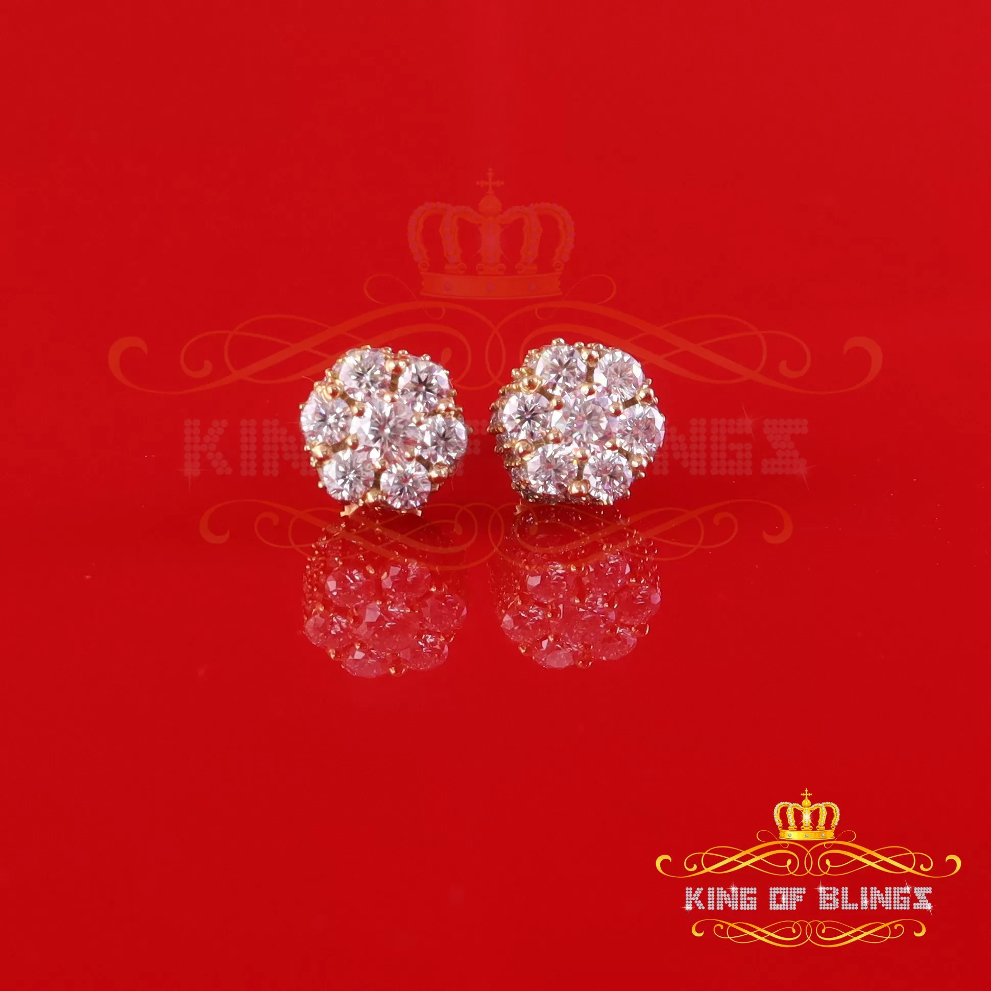 King  of Bling's 925 Silver Yellow 1.50ct VVS 'D' Men's & Womens Moissanite Floral Stud Earrings