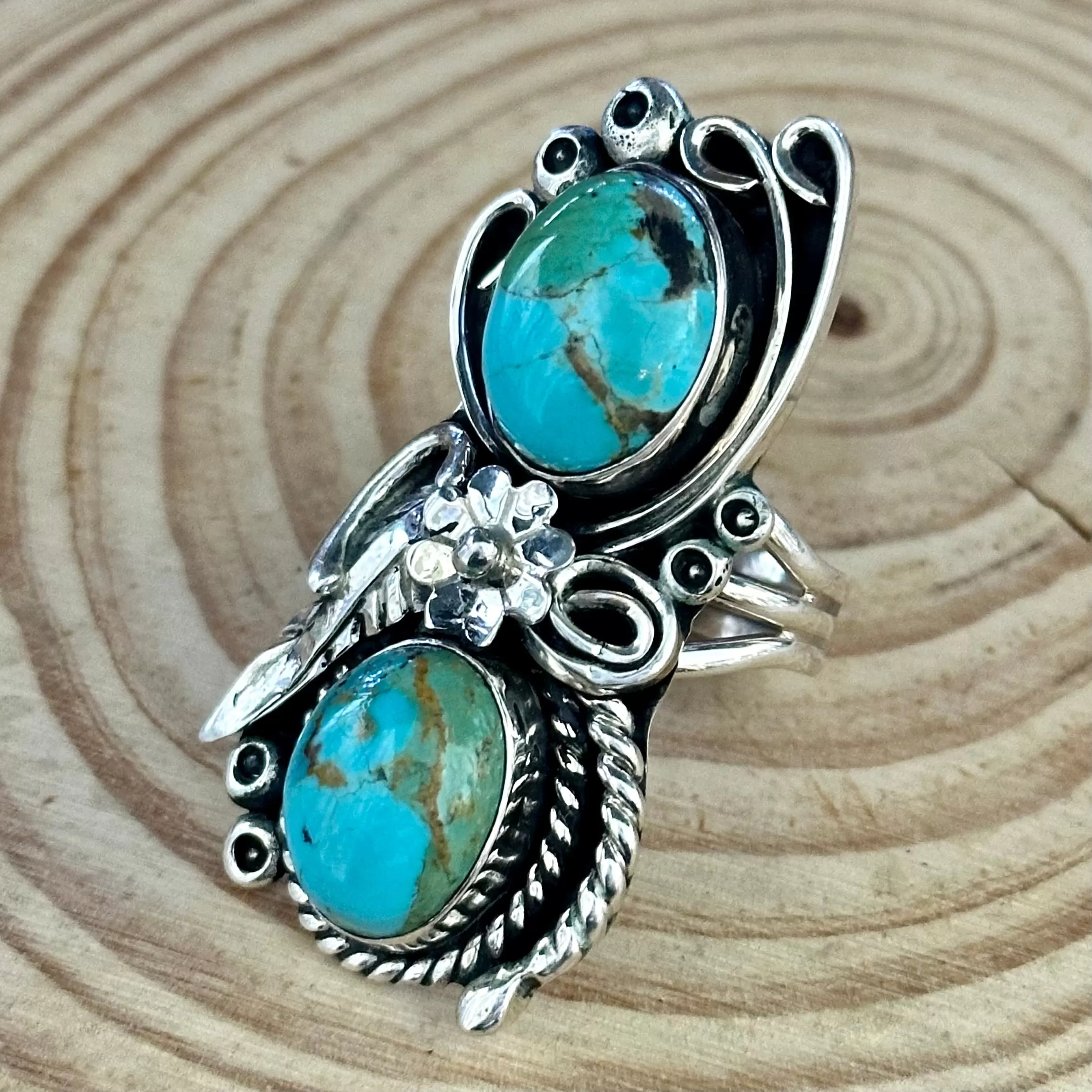 LITTLE C.R. Navajo, Dine'h Native Arts Turquoise Sterling Silver, Large Ring  Size 9 1/2