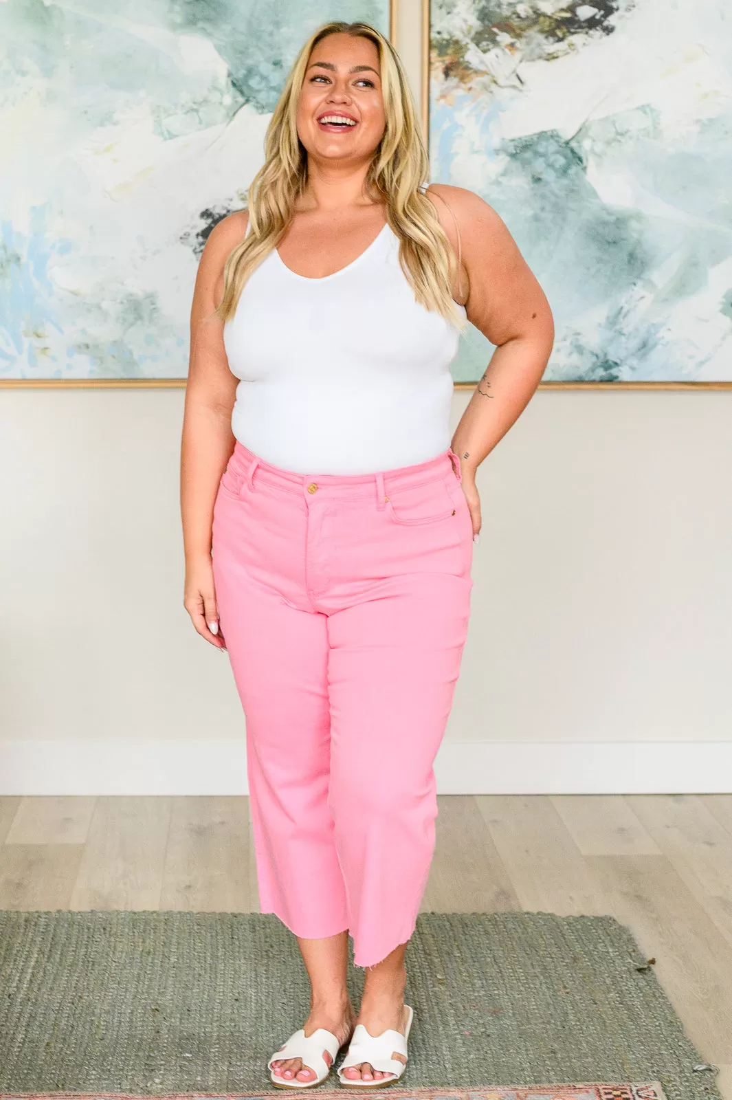 Lorraine High Rise Control Top Wide Leg Crop Jeans in Pink