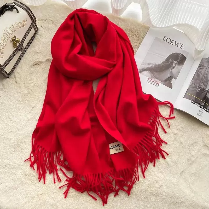 MAC049 Imitation Cashmere Solid Color Basic Tassel Scarf