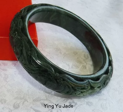 Mei Beautiful Flowers Dynasty Carved Deep Green Jade Bangle 58.5mm (DC125)