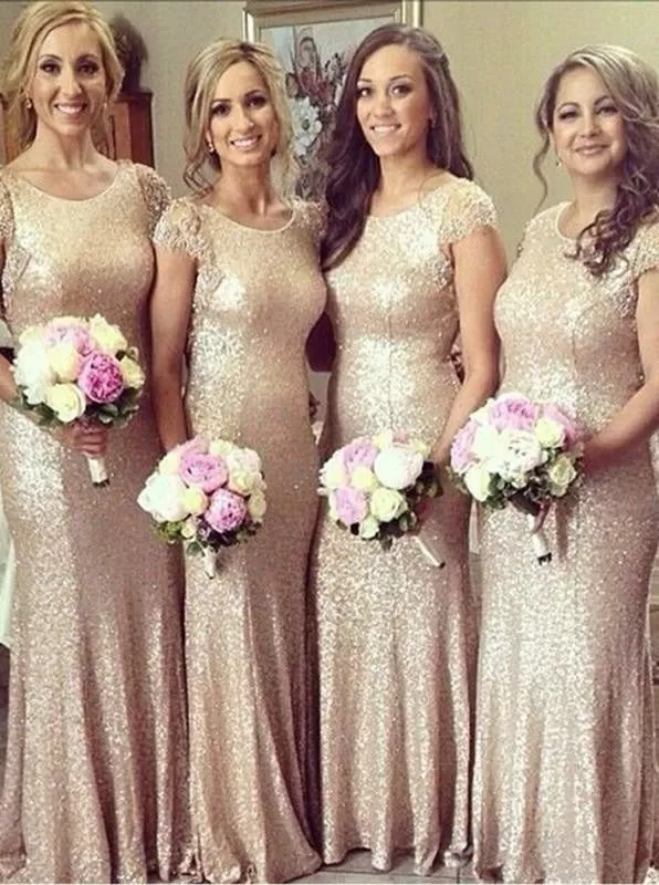 Mermaid Scoop Floor-Length Cap Sleeves Gold Sequined Bridesmaid Dress