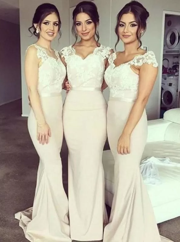 Mermaid Scoop Long Light Champagne Satin Bridesmaid Dress