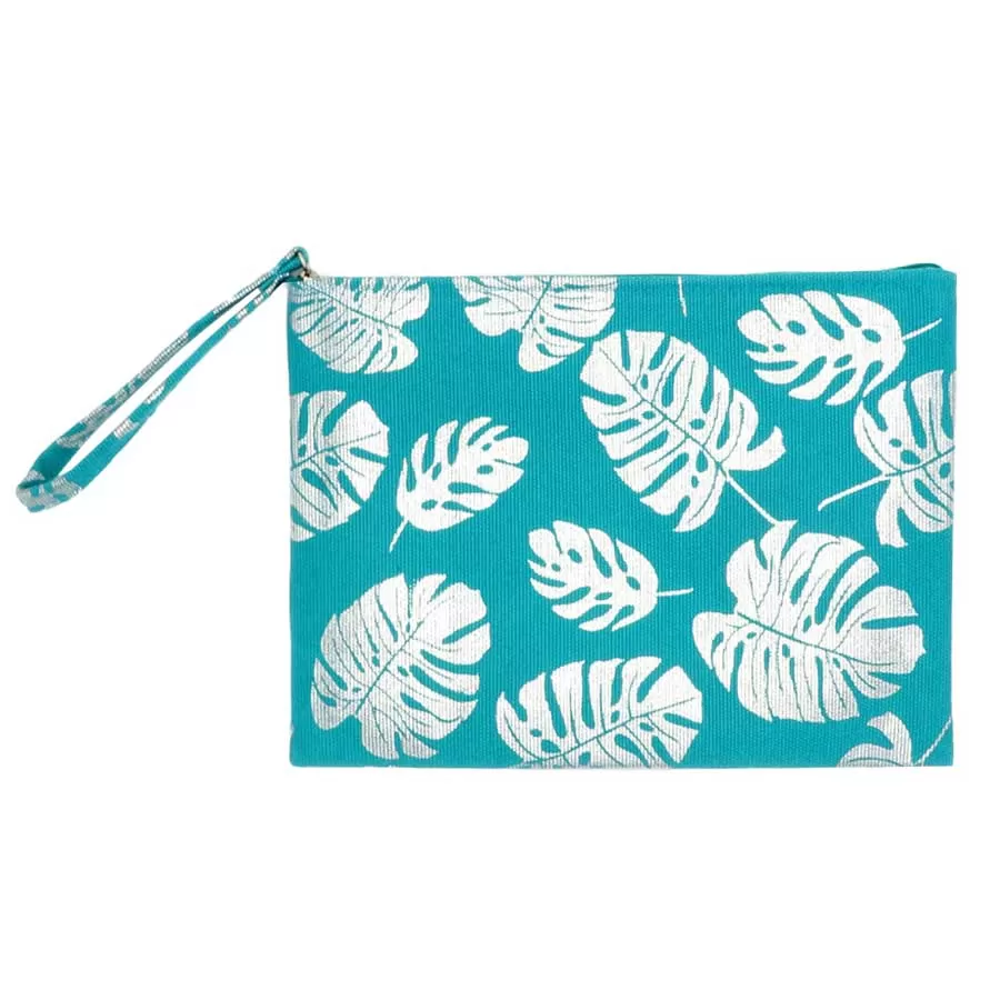 Metallic Tropical Leaf Patterned Pouch Clutch Bag