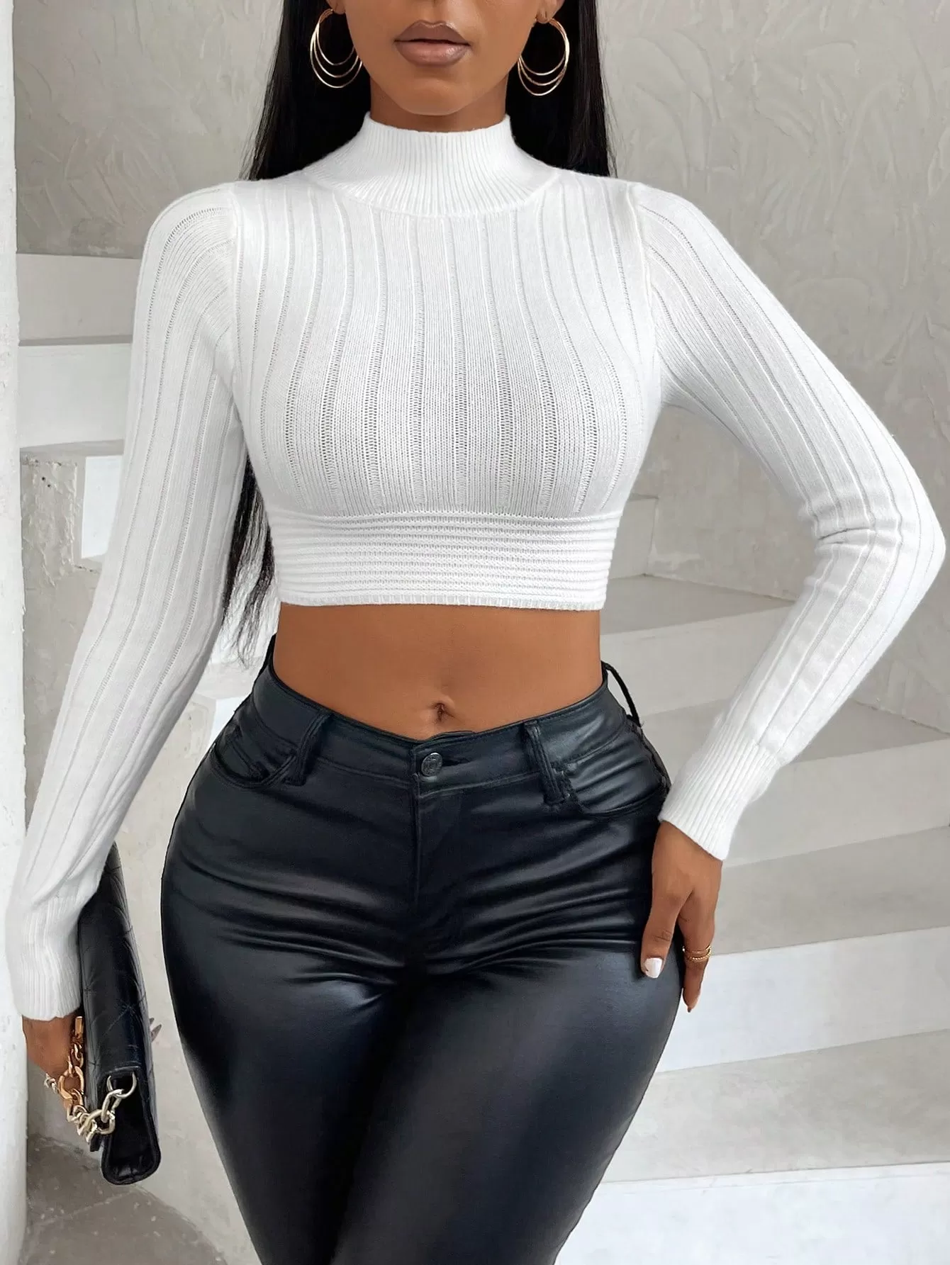 Mock Neck Crop Ribbed Knit Sweater Top