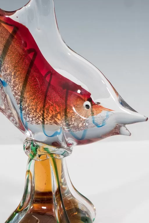 Modern Fish Sculpture in Sommerso Murano Glass with White Gold Flakes