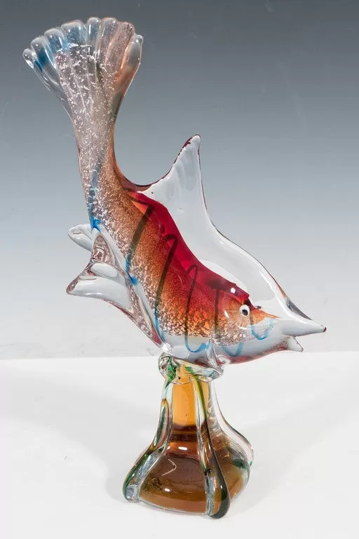 Modern Fish Sculpture in Sommerso Murano Glass with White Gold Flakes