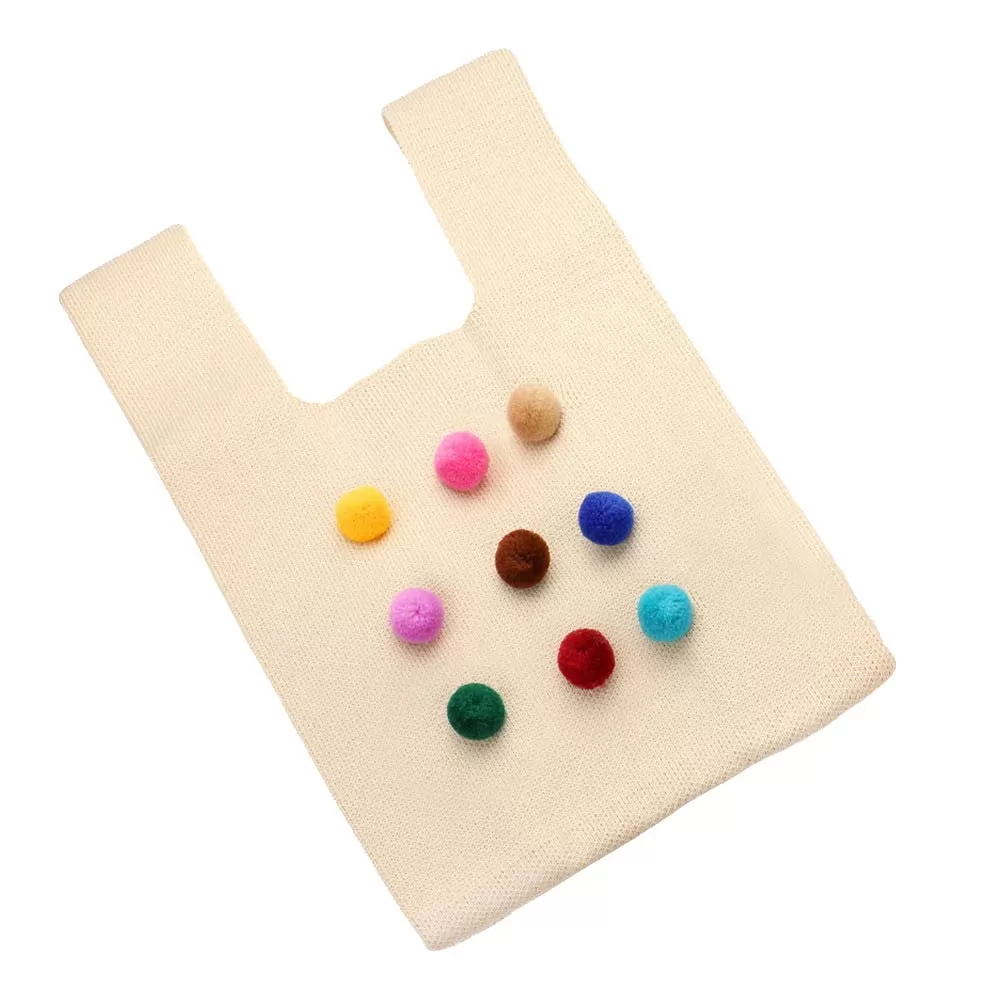 Pom Pom Embellished Knit Tote Bag